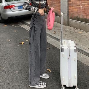 Jeans pour femmes femmes taille haute hanche côté pansement jambe large Denim pantalon Vintage gris ample droit sarouel pantalon Streetwear mode coréenne