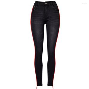 Jeans femme taille haute Stretch Skinny crayon Denim pantalon Capri côté rayé Patchwork pantalon élastique petit ami XS noir 2023