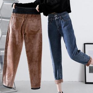 Jeans pour femmes femmes hautes thermiques hivernaux chauds stretchy taloute pantalon denim doublé leggings bleu noir pantalon mince femelle l3