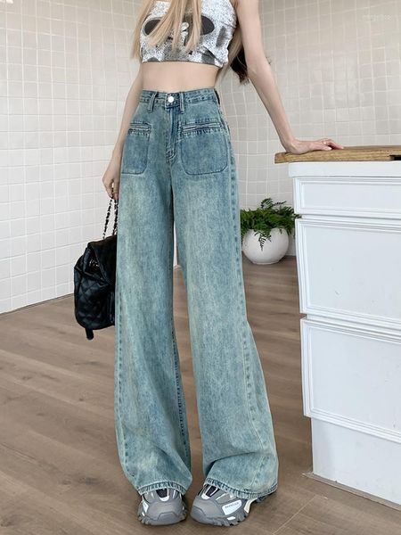 Jeans para mujer Mujeres de cintura alta Pierna ancha para niñas altas Harajuku Streetwear Diseño Recortado Bolsillos Pantalones largos de mezclilla