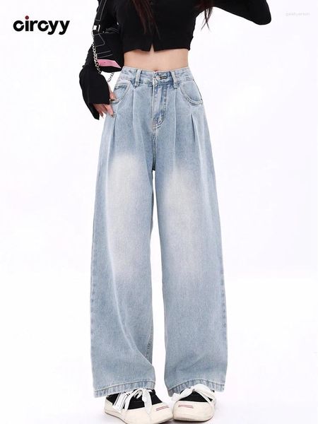 Jeans para mujer Mujeres de cintura alta 2023 Botón de otoño Pierna ancha Pantalones de mezclilla azul sueltos Vintage Longitud completa Y2K Pantalones rectos