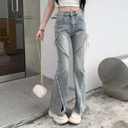 Jeans pour femmes femmes hip hop déchiré fendu évasé ourlet denim pantalon sangle décor taille haute pleine longueur streetwear pantalons longs