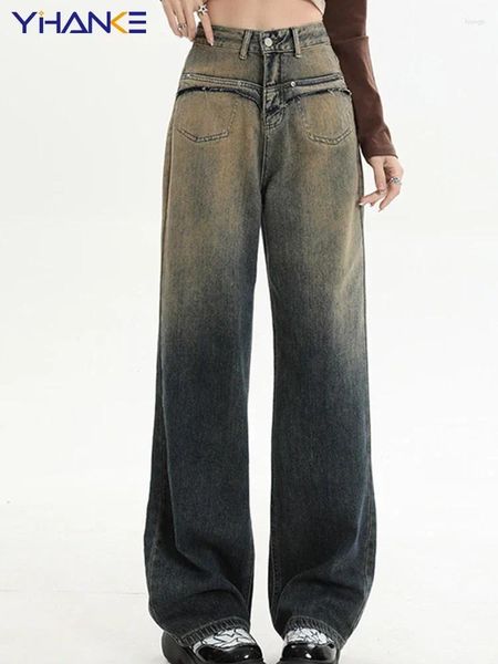 Jeans para mujeres Mujeres en otoño e invierno Alta cintura gruesa y2k Estilo retro Ropa de calle American pantalones de color ancho hembra recta
