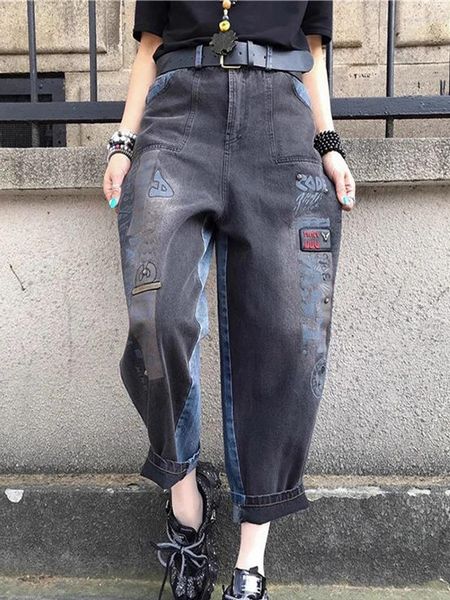 Jeans pour femmes Femmes Ing Lettres Vintage Casual Denim Longueur de la cheville Patchs personnalisés Mode Streetwear Harem Pantalon