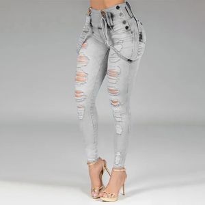 Dames jeans dames jeans hoog taille rechtdoor magere stretchy pant streetwear dames gat gewassen verband denim potloodbroek broek 230211