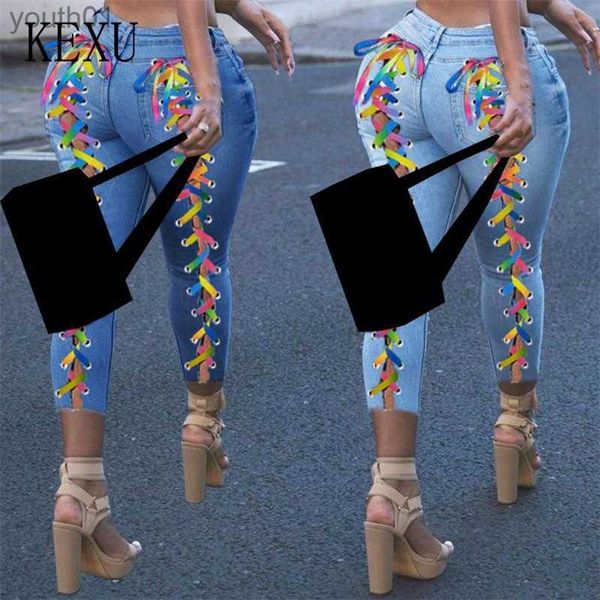 Jeans Femme Femmes Jeans Couleur Arc-En-Ciel Criss-cross À Lacets Trou Gaine Élastique Taille Haute Long Crayon Denim Pantalon Pantalon De Rue Femmes 240304