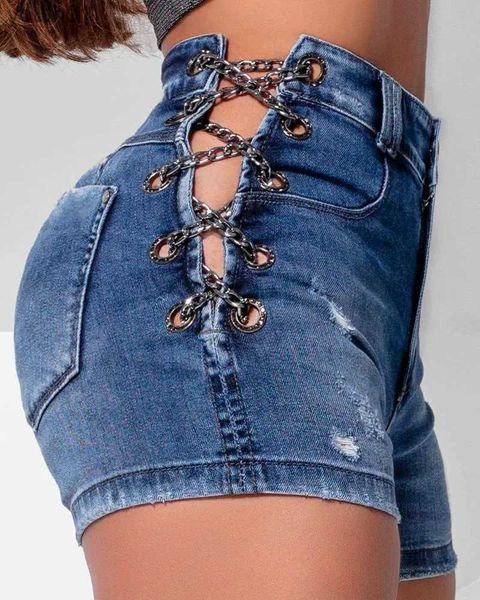 Jeans para mujer Jeans para mujer Pantalones cortos de mezclilla rasgados con cordones y ojales de cintura alta sexys zln231215