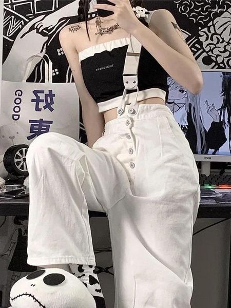 Jeans pour femmes Femmes Combinaison Harajuku Blanc Style Streetwear Noir Denim Pantalon Femme Taille Haute Pantalon Casual Esthétique A189