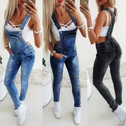 Jeans pour femmes Femmes Combinaison Salopette Trou cassé Denim Mode Longue Femme Pantalon extensible Skinny Casual Femme