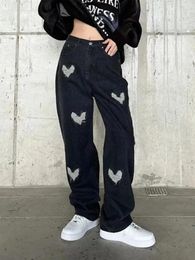 Jeans pour femmes femmes coréennes baggy usé d'amour Love large streetwear y2k noir vintage pantalon long printemps