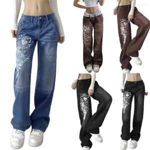 Jeans pour femmes Femmes Taille basse Y2K Graphique Denim Casual Lâche Droite Bell Bottom Bootcut Leggings Streetwear Baggy Pantalon