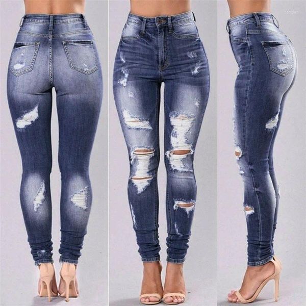 Jeans para mujer Mujeres Mediados de cintura Big Ripped Hole Casual High Street Denim Pantalones Damas Vintage Hipster Estiramiento Flaco Mendigo