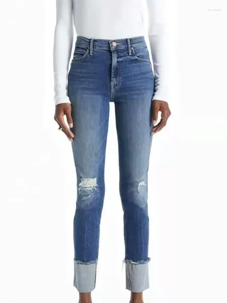 Jeans pour femmes pantalon de crayon féminin jambe de rouled rouled rétro brodé le genou usé design de la rue de rue pantalon denim féminin