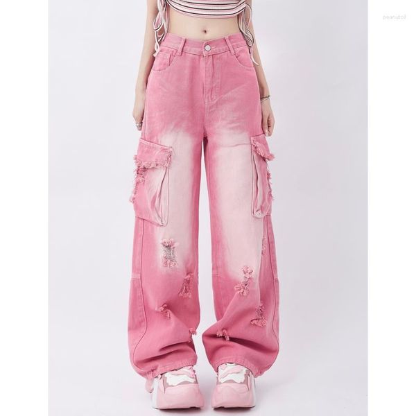 Jeans pour femmes Femmes Rose Couleurs contrastées Taille haute American Street Pantalon à jambes larges Mode Hip Hop Vintage Straight SummerTrousers