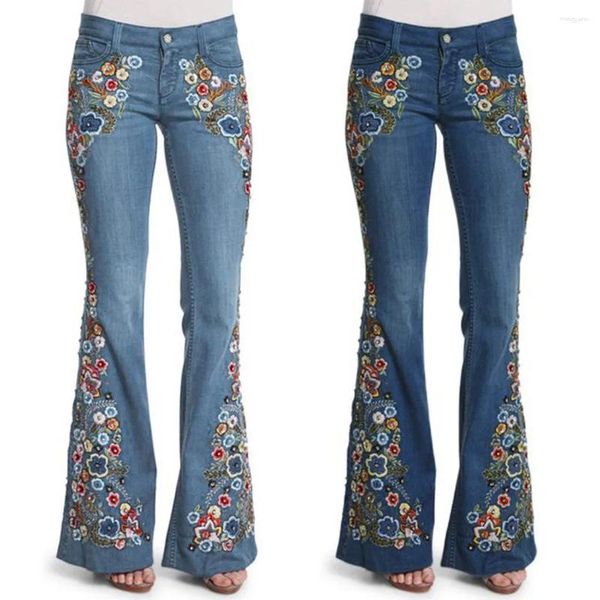 Jeans para mujer Mujeres Retro Floral Bordado Denim Flare Pantalones Distressed Straight Plus Tamaño Pantalones Elegante Palazzo Pierna ancha