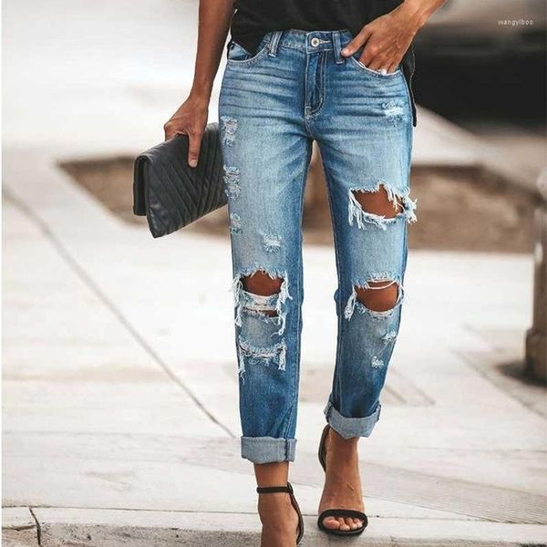 Jeans para mujer Mujeres rasgadas Mid Cintura Denim Pantalones rectos Pantalones Lavado Agujero angustiado 2023 Spring Ladies Bottoms