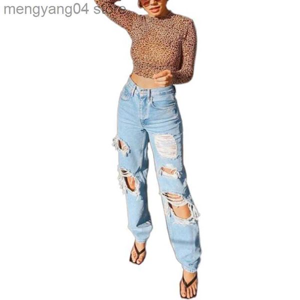 Jeans pour femmes Femmes Ripped Straight Leg Jeans Taille haute Loose Denim Pants Lady Causal Boyfriend Style Pantalon Vintage Streetwear Trou Pantalon T230530