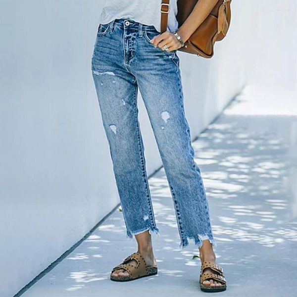 Jeans para mujer Mujeres rasgadas con bolsillos de parche con cremallera Placket Vintage Cintura alta Pantalones recortados Otoño Casual Denim recto