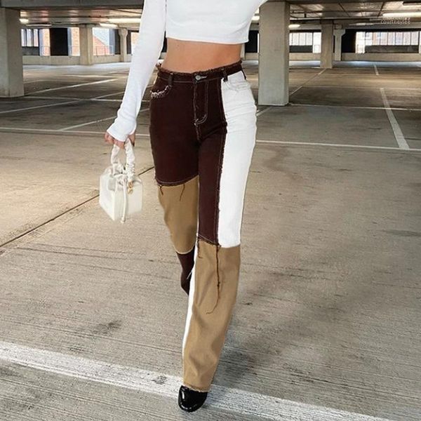 Jeans pour femmes Mode Y2K Patchwork Design Denim Spandex Coton Streetwear Pantalon droit Taille haute Pantalon à pompon
