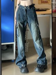 Jeans pour femmes Femmes Front Zipper Slit Poche Cargo Style Denim Pantalon Dégradé Lavé 2023 Techwear Harajuku Streetwear Y2k
