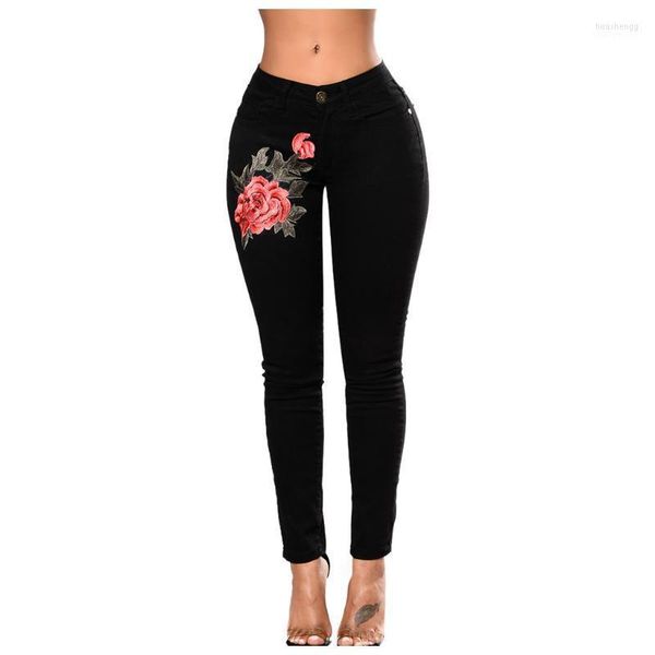 Jeans femme haute qualité Stretch brodé pour femmes élastique fleur Femme Slim Denim Pantalon Rose motif Pantalon Femme