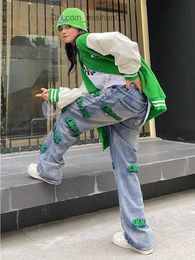 Damesjeans Damesleggings Feynzz-borduurwerk High Street Style Hiphop Zwevende jeans Heren en dames Automatische jeans met wijde pijpen Jeans met hoge taille Mode Q240322