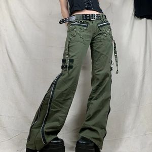 Damesjeans Damesbroek Gothic Punk Baggy Vintage Kawaii Broek Bandage Lage taille Cargobroek Grunge Groene Rits Jeans Korea Joggingbroek 231115