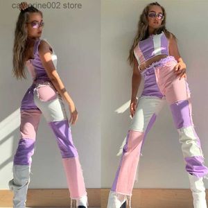 Jeans Femme Jeans à rayures patchwork pour femmes hip-hop street décontracté taille haute coupe ample jeans de mode pour femmes jeans droits T230826