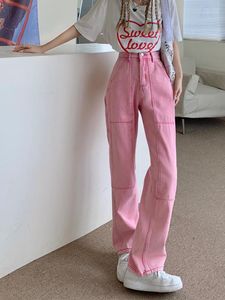 Dames jeans dames shnsophi Koreaanse roze vintage broek herfst 2022 vrouwen hoge taille los rechte breedbeen broek mode denim moeder