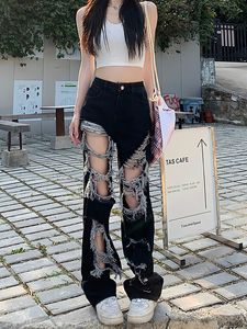 Jeans pour femmes Vêtements de rue pour femmes poche noire déchiré jeans coréen taille haute surdimensionné pantalon à jambes larges trous rugueux short en jean Y2K Alt vêtements 230520