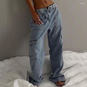 Jeans pour femmes Femmes Vintage Low Rise Femmes Baggy Pantalon droit multi-poches Casual All-Match Taille élastique Washed Denim Cargo