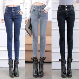 Dames jeans dames vrouwen hoge taille herfst en winter buik dames broek elastische strakke broek gesp plus fluweel bedroefd