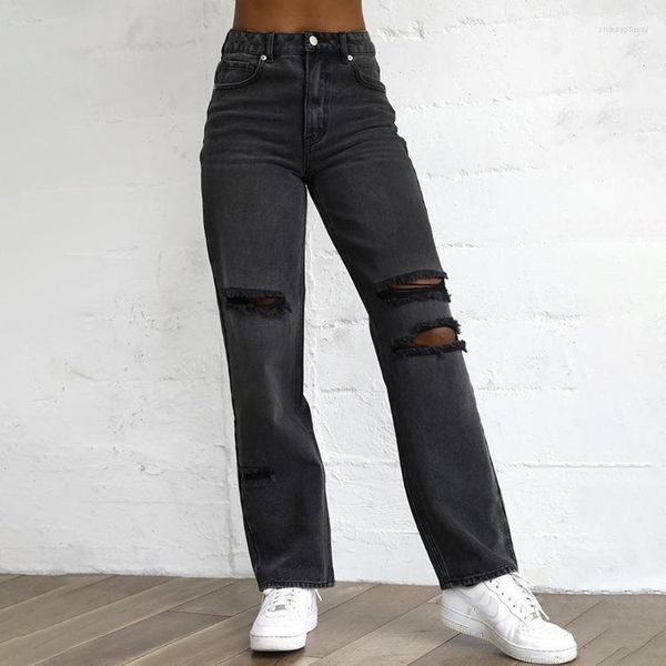 Jeans femme femme droite Streetewar déchiré taille haute Y2k Vintage petit ami trou noir pantalon décontracté pour femme