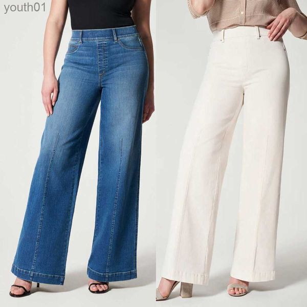 Jeans pour femmes Jeans à jambes larges cousus sur le devant pour femmes, taille élastique, Denim extensible, évasé, taille haute, Baggy Bell Bottom Jeans 2307242 240304