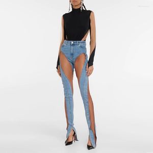 Jeans de mujer Sexy Denim Cross Hole Hollow Out Design Mesh Pencil Pants Costura Split Ladies Night Club Outfits Fashion Street
