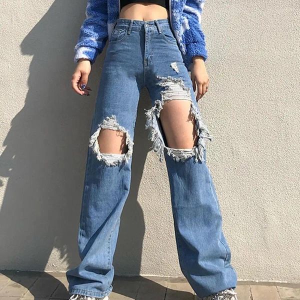 Jeans para mujer Mujeres Sexy Ripped Menggar Agujeros grandes Destruidos Pantalones rasgados rotos Pantalones de mezclilla femeninos vintage Ropa de calle desgastada