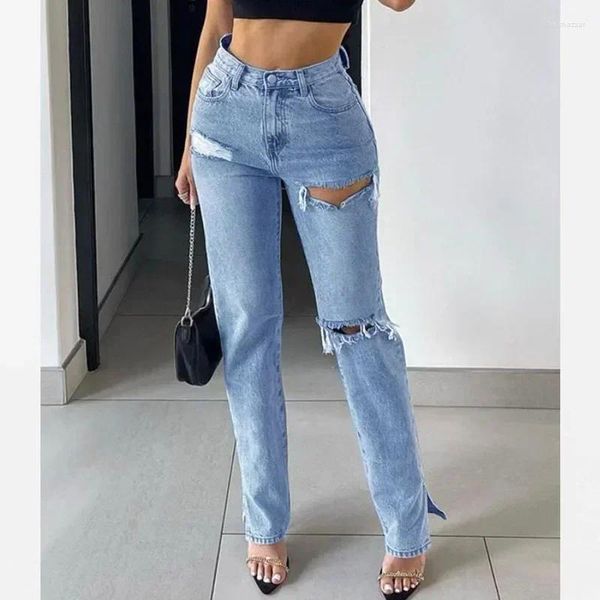 Jeans Femmes Femmes Sexy Ripped Denim 2024 Mode Automne Street Pantalon Hipster Droit Split Taille Haute Lâche Pantalon Long 30209