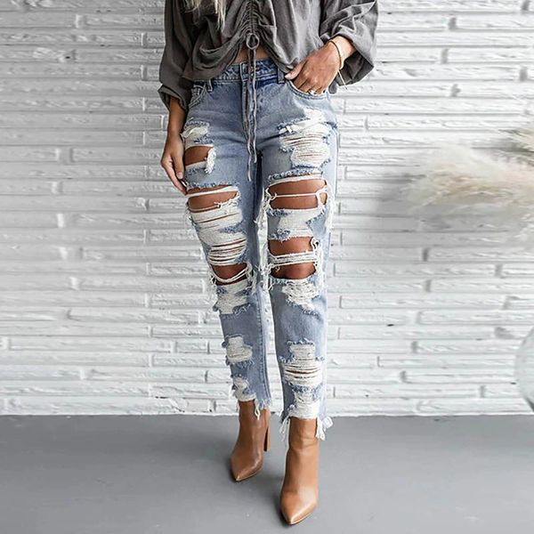 Jeans para mujer Mujeres Sexy Agujeros rasgados Flacos 2024 Primavera Cintura alta Elásticos Pantalones de mezclilla angustiados Streetwear Vintage Ladies Pantalones