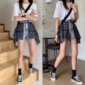 Jeans Femme Shorts Femme Taille Haute Plaid Patchwork Streetwear A-ligne Denim Ados Femme All-match Mode Loisirs Vintage Élégant