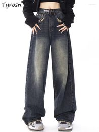 Jeans para mujeres Mujeres simples atractivas personalidad Fashion Do Old All-Match Diseño American Retro Leisure Campus ancho pierna ancha