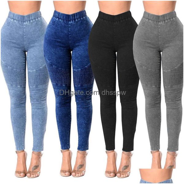 Jeans Femmes Femmes Slim Skinny Solid Denim Pantalon Taille Haute Plissée Créateur De Mode Sexy Hip Hop Clubwear 2XL Drop Livraison Appare Dhe5X