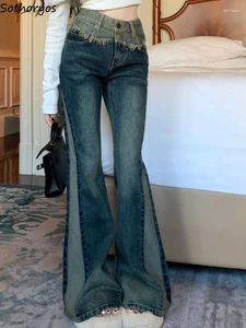 Jeans pour femmes femmes épissé la panne de la taille rétro de Daily Retro Créativité confortable All-Match Style Casual Ladies Personnalité chic