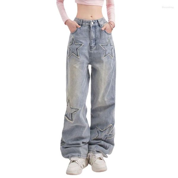 Jeans pour femmes Femmes Printemps et Automne Mode Tendance High Street Star Autocollant Design Jambe droite Large Pantalon décontracté 2023 Style