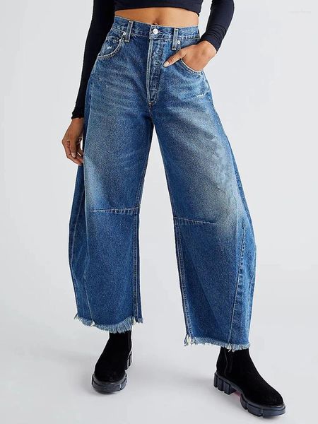 Jeans pour femmes Femmes Printemps Été Lâche Recadrée Taille Midi Baggy Large Jambe Vintage Boyfriend Tapered Washed Denim Pantalon
