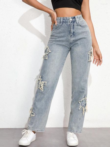 Jeans para mujer Mujeres Star Patchwork Streetwear Apliques rasgados Cintura alta Straighe Pierna Mamá 90s Casual Boyfriend Denim Pantalones