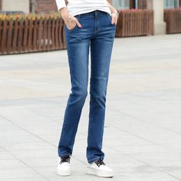 Damesjeans Dames Rechte Jeans Stretch Vrouwelijk Klassiek Broek Midden taille Mode Koreaanse broek voor meisjes Jean Pantalon Femme Blauw 26 XS 230303