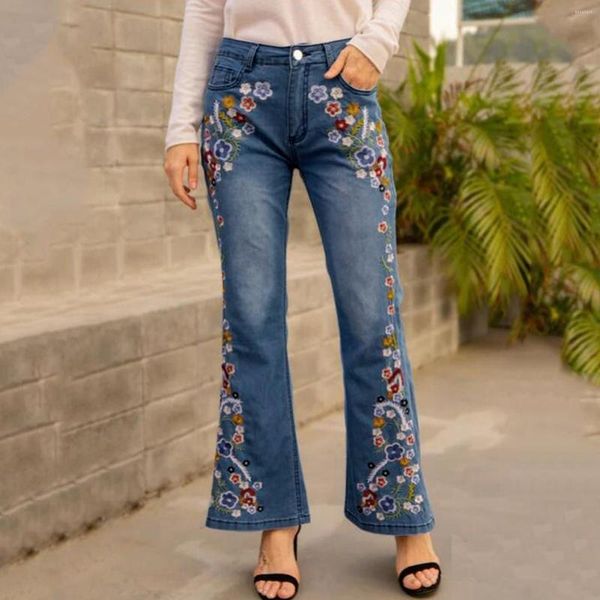 Jeans femme femme jambe droite pantalon bas Floral brodé Bootcut Denim Bell Harajuku taille haute Baggy pantalon Vintage mode 4