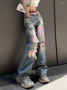 Jeans pour femmes Femmes Street Pink Panel Wash Ripped pour Rétro Hip Hop Mode Lâche Droite Taille Haute Taille Y2K Pantalon