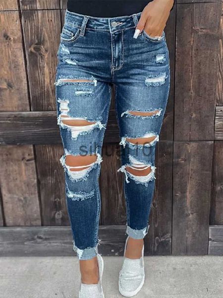 Jeans pour femmes Femmes Stretch Ripped Jeans Effiloché Ourlet brut Pantalon en denim en détresse avec trou J231211