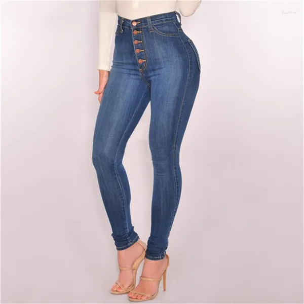 Jeans pour femmes femmes étirez slim hautement taille push up hanche boutons pantalon bleu coton décontracté élastique